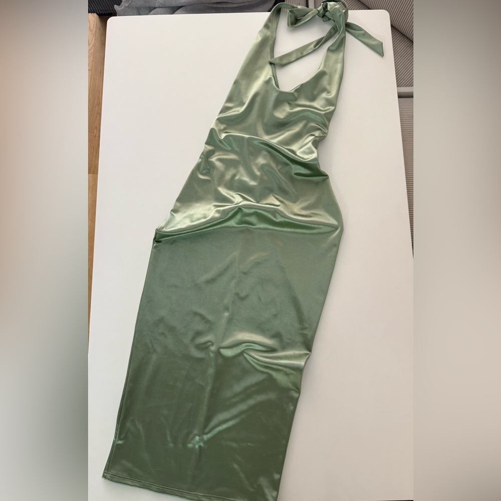 Windsor Body Con Sage Green Halter Dress Small satin stretch material